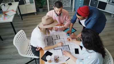 a group of people sitting around a table playing a game