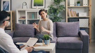 a woman sitting on a couch talking to a man