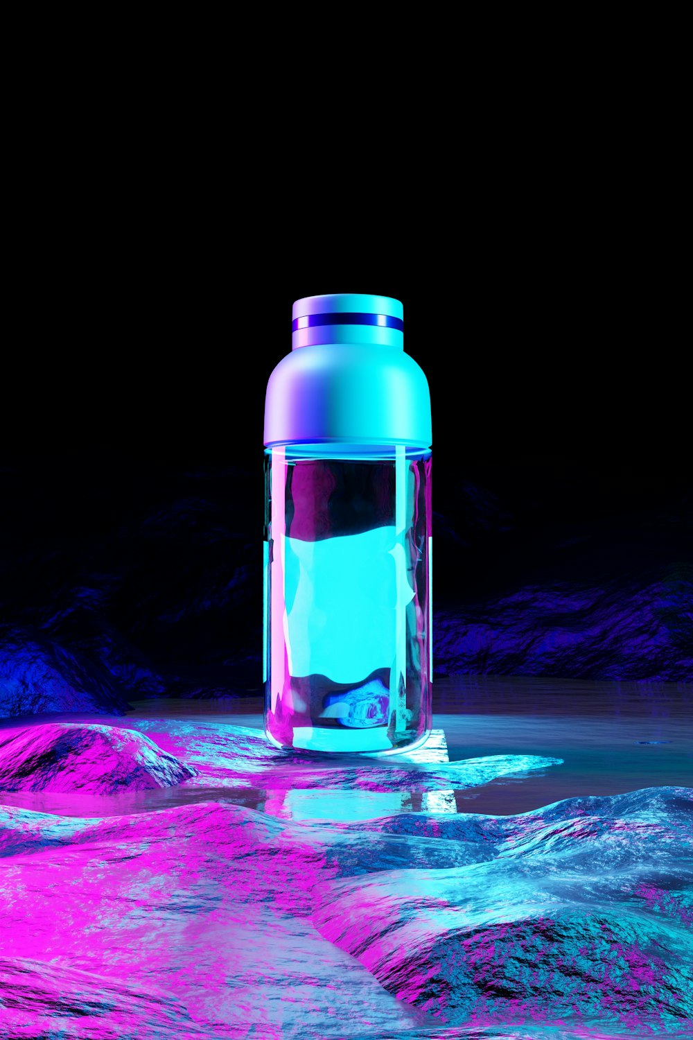 a blue and pink container sitting on top of a body of water