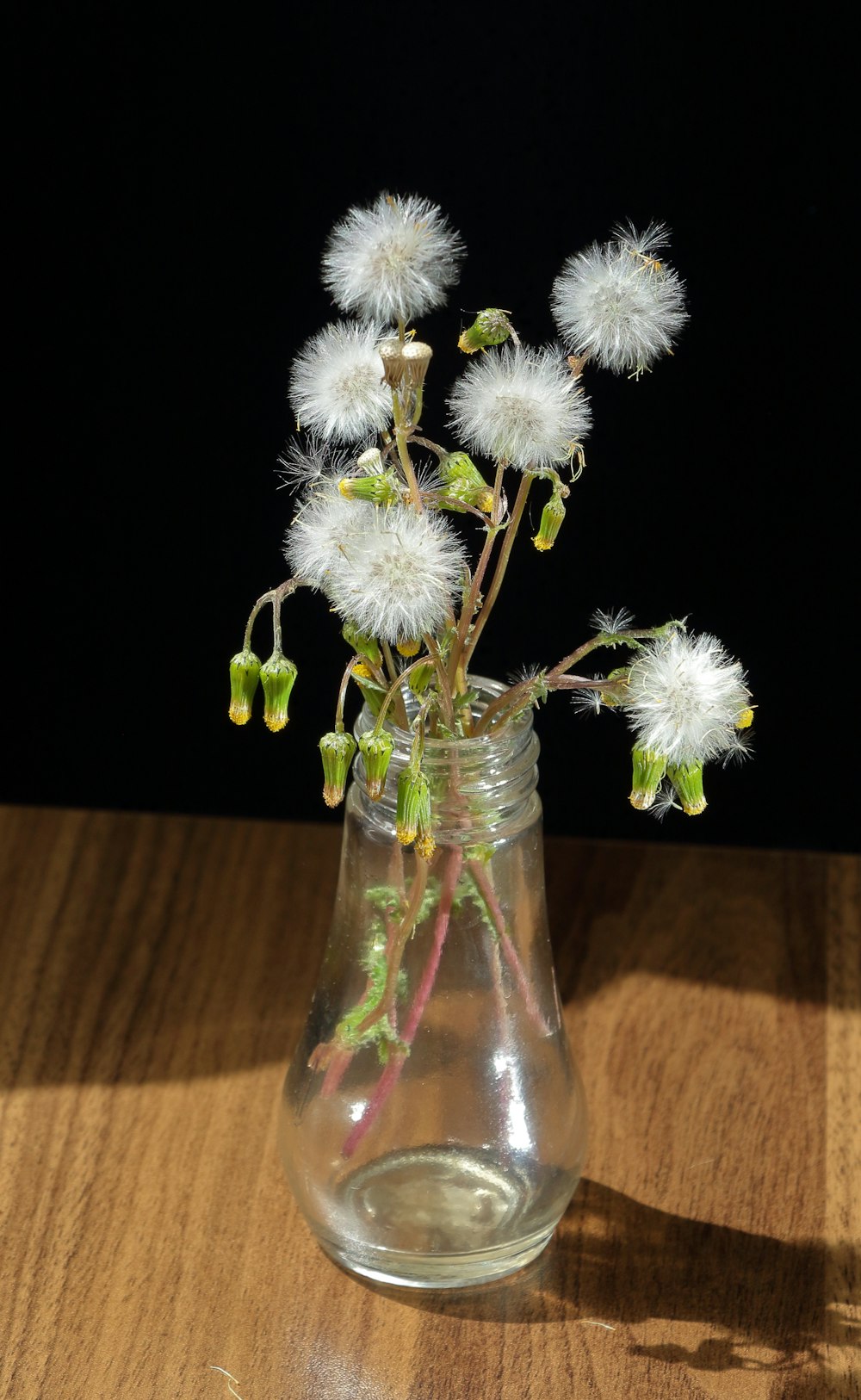 a glass vase filled with white flowers on top of a wooden table