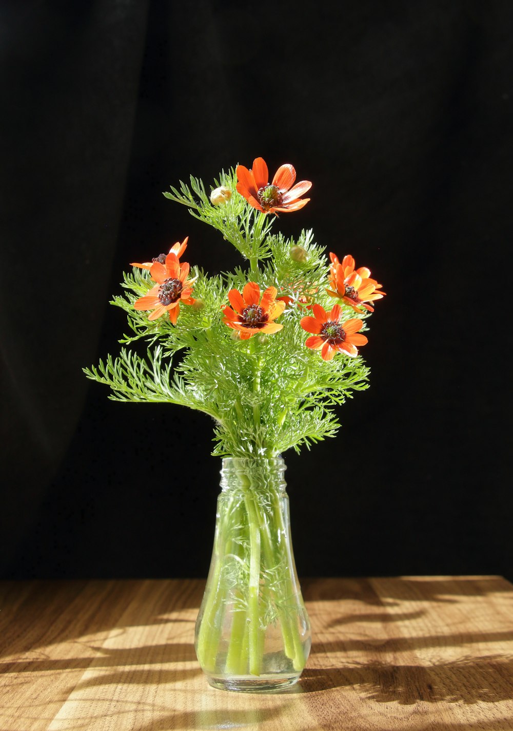 a vase filled with orange flowers on top of a wooden table