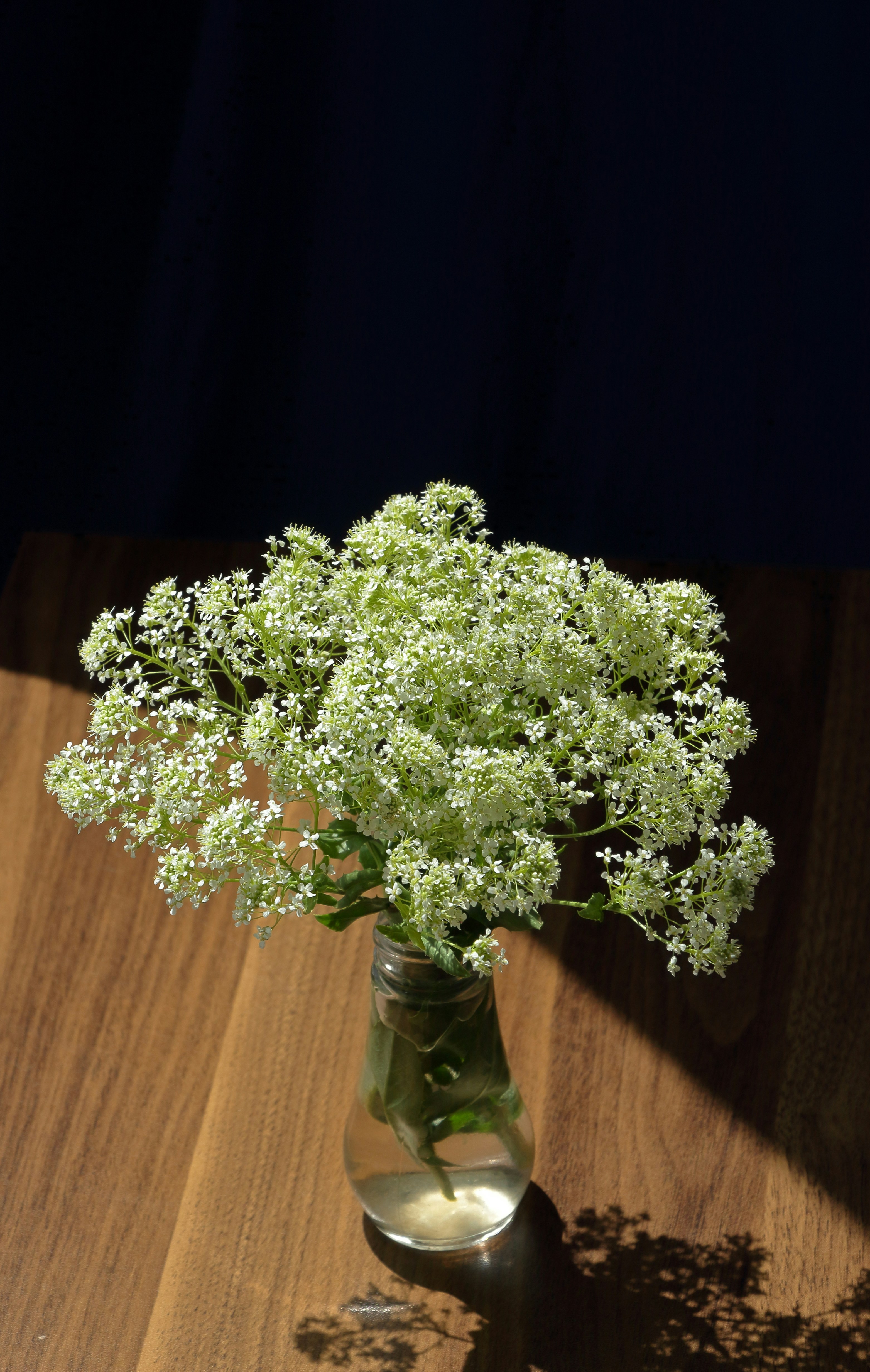 White and green flowers arranged in a glass vase.