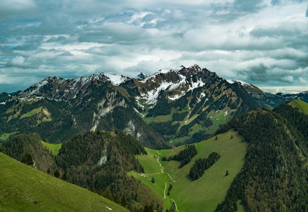 a view of a mountain range with green grass and trees