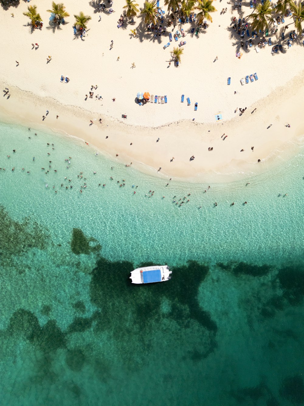 an aerial view of a beach with a boat in the water