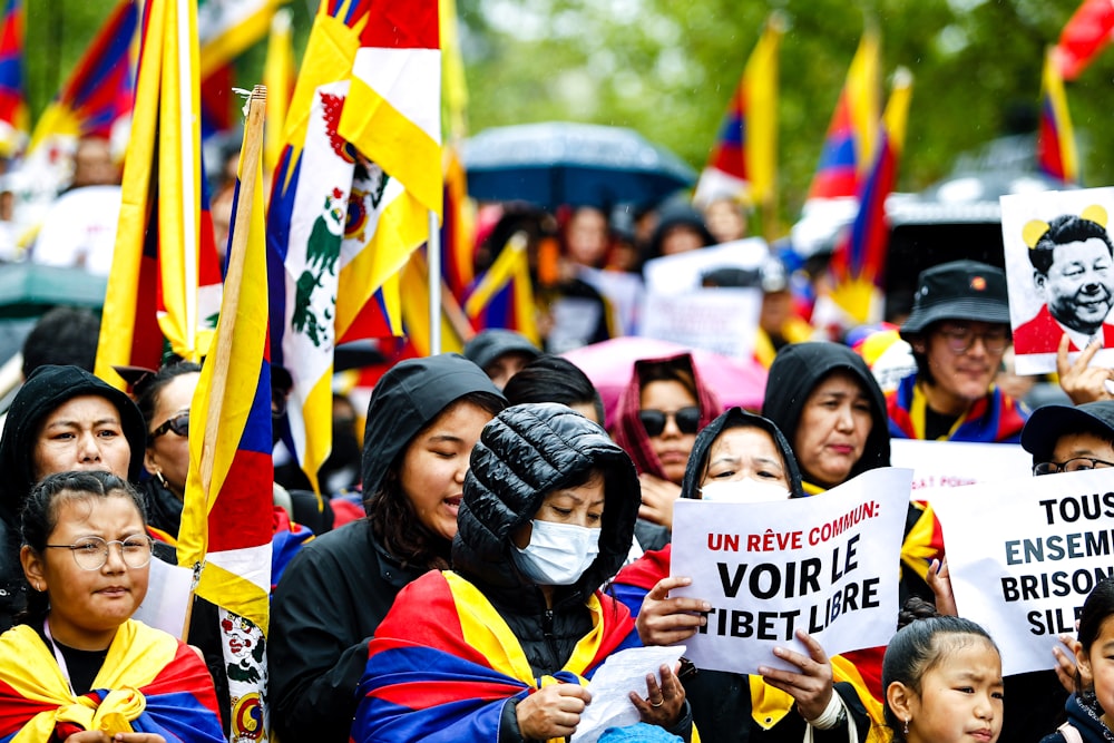 a large group of people holding signs and flags