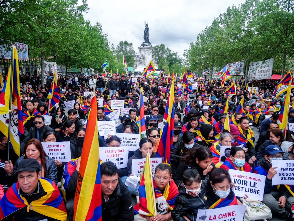 a large group of people holding flags and signs