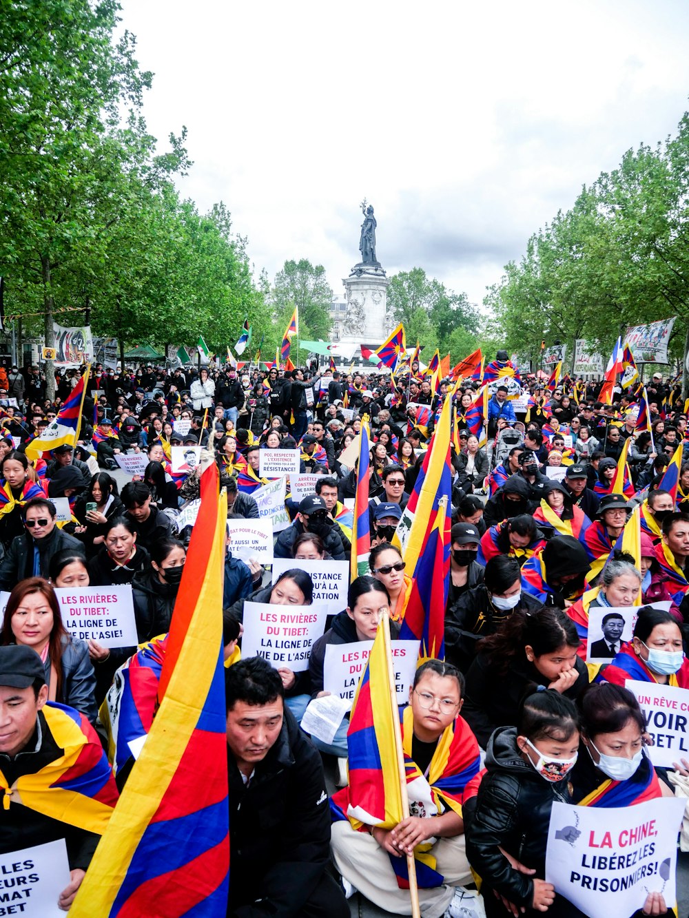 a large group of people holding flags and signs