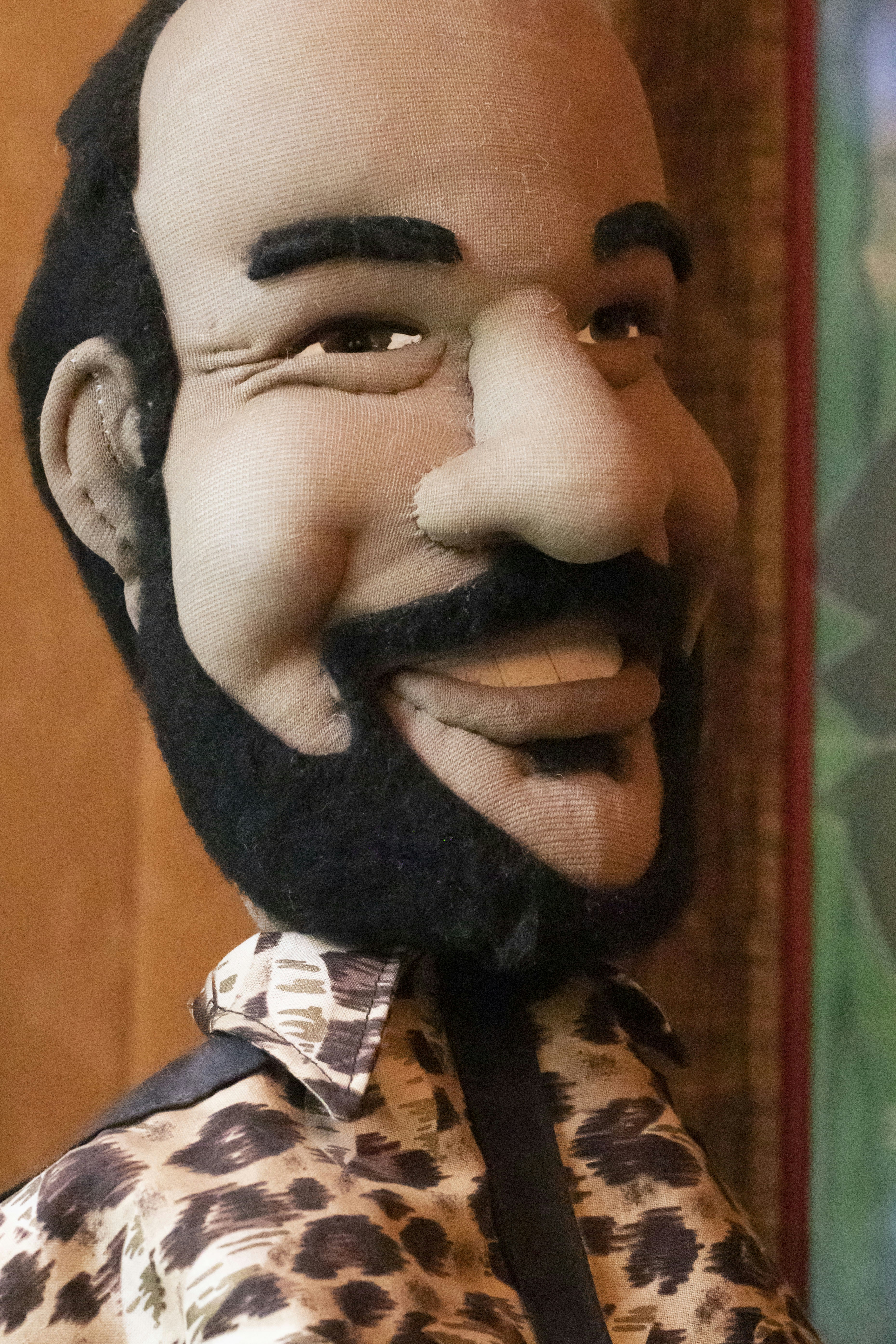 a bald man with a black beard wearing a leopard print shirt