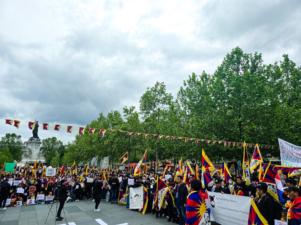 a large group of people holding flags and banners