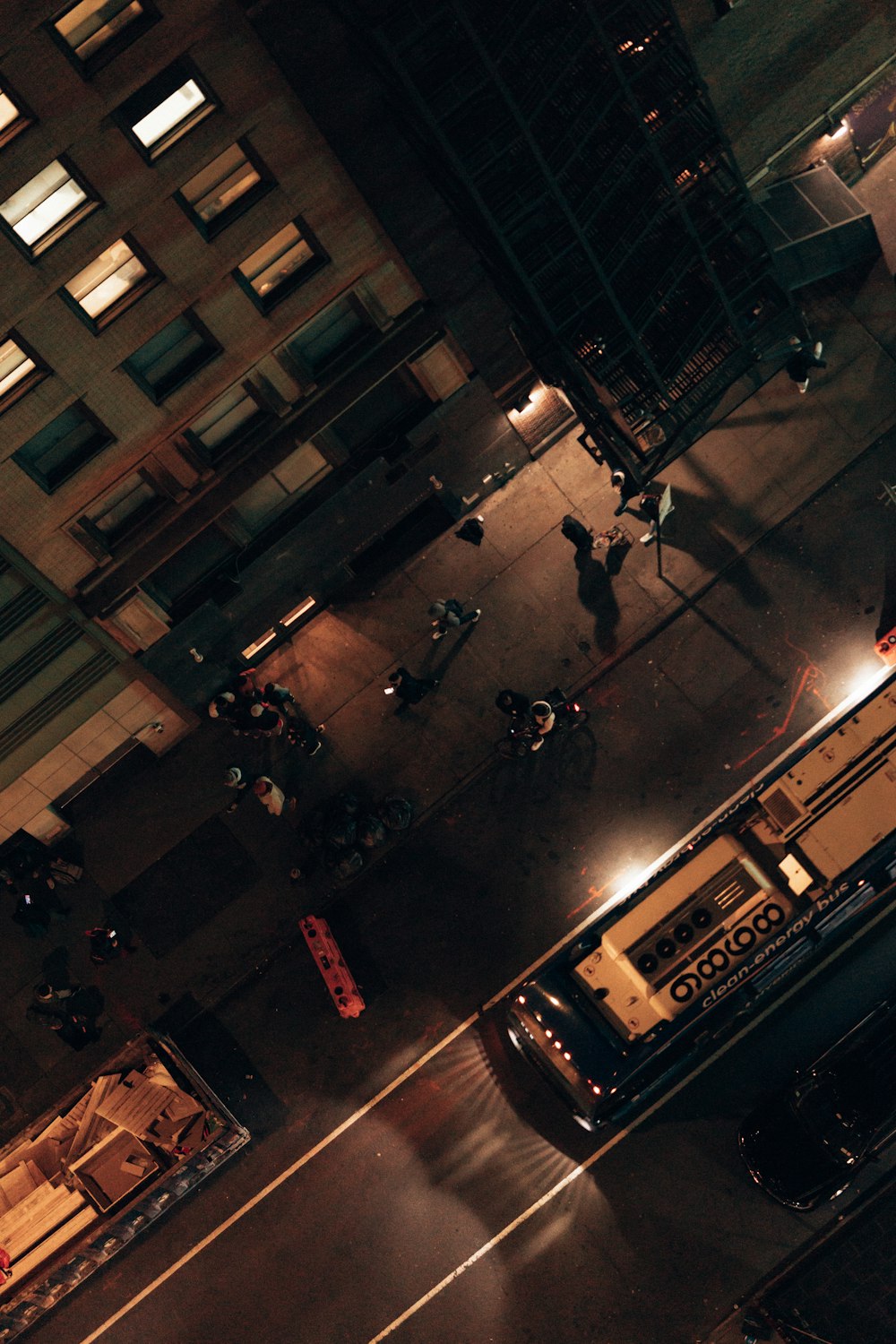 an overhead view of a city street at night