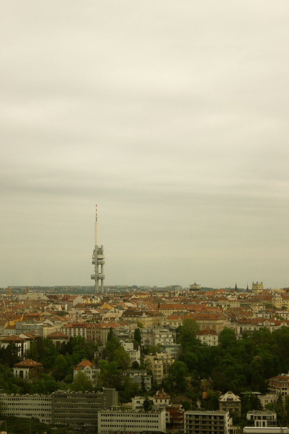 a view of a city with a tower in the distance