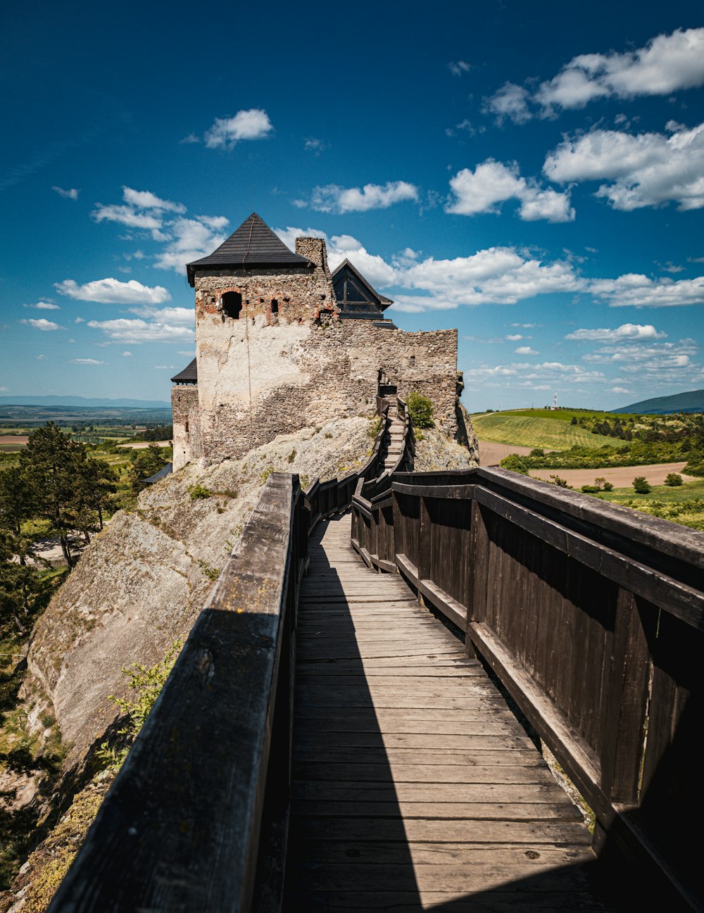 a wooden walkway leading to a castle on top of a hill