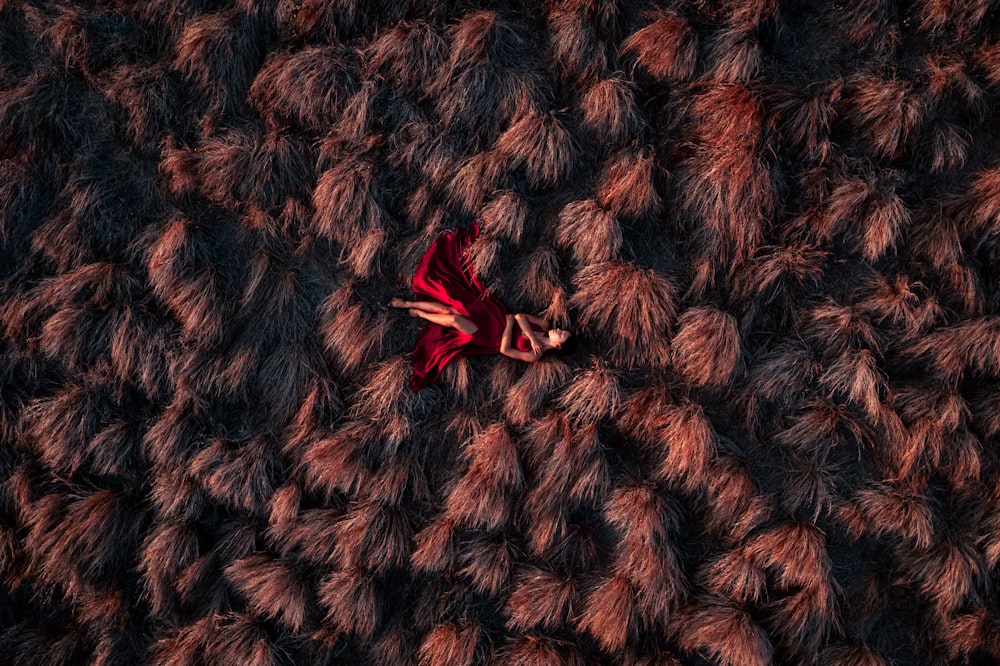 Una mujer con un vestido rojo está acostada sobre una alfombra de piel