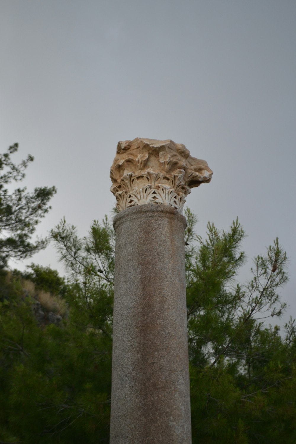 a stone pillar with a tree in the background