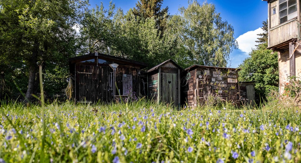 a group of out buildings sitting in the middle of a field