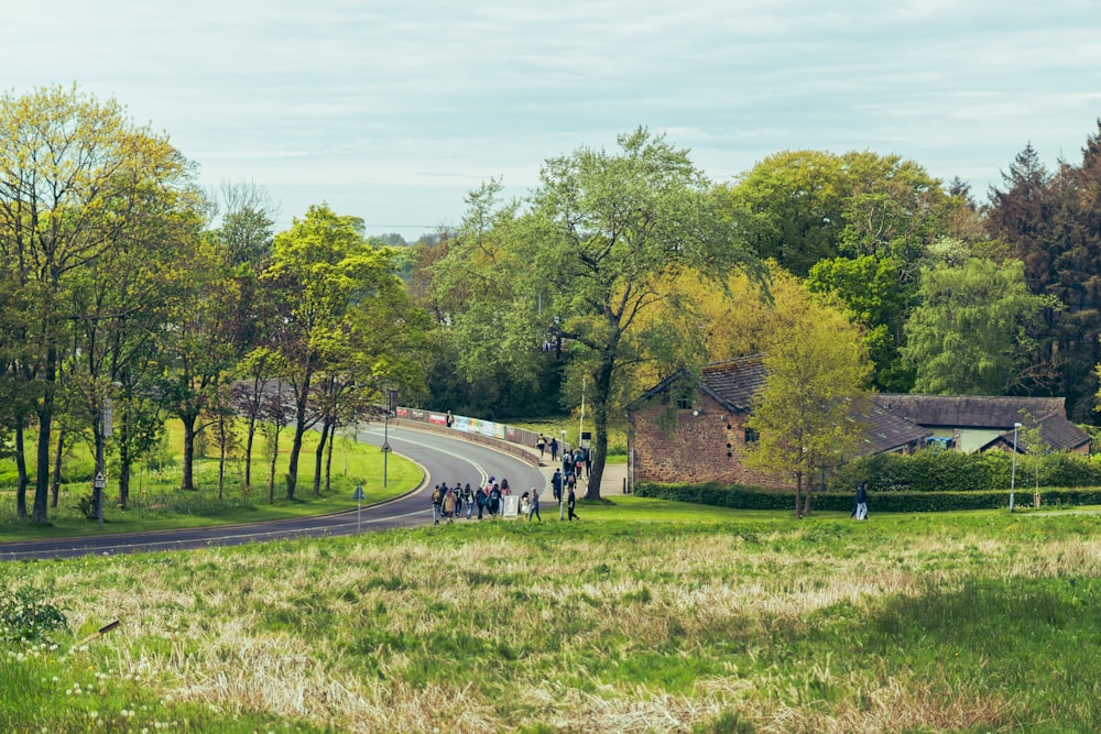 a group of people walking down a country road