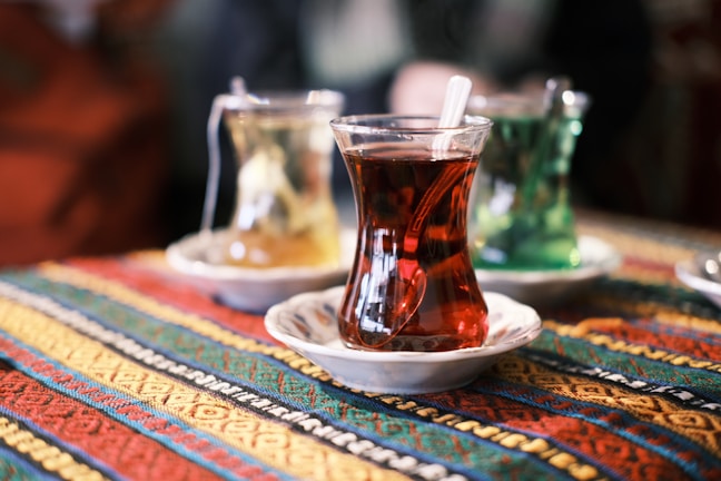a cup of tea on a plate on a table