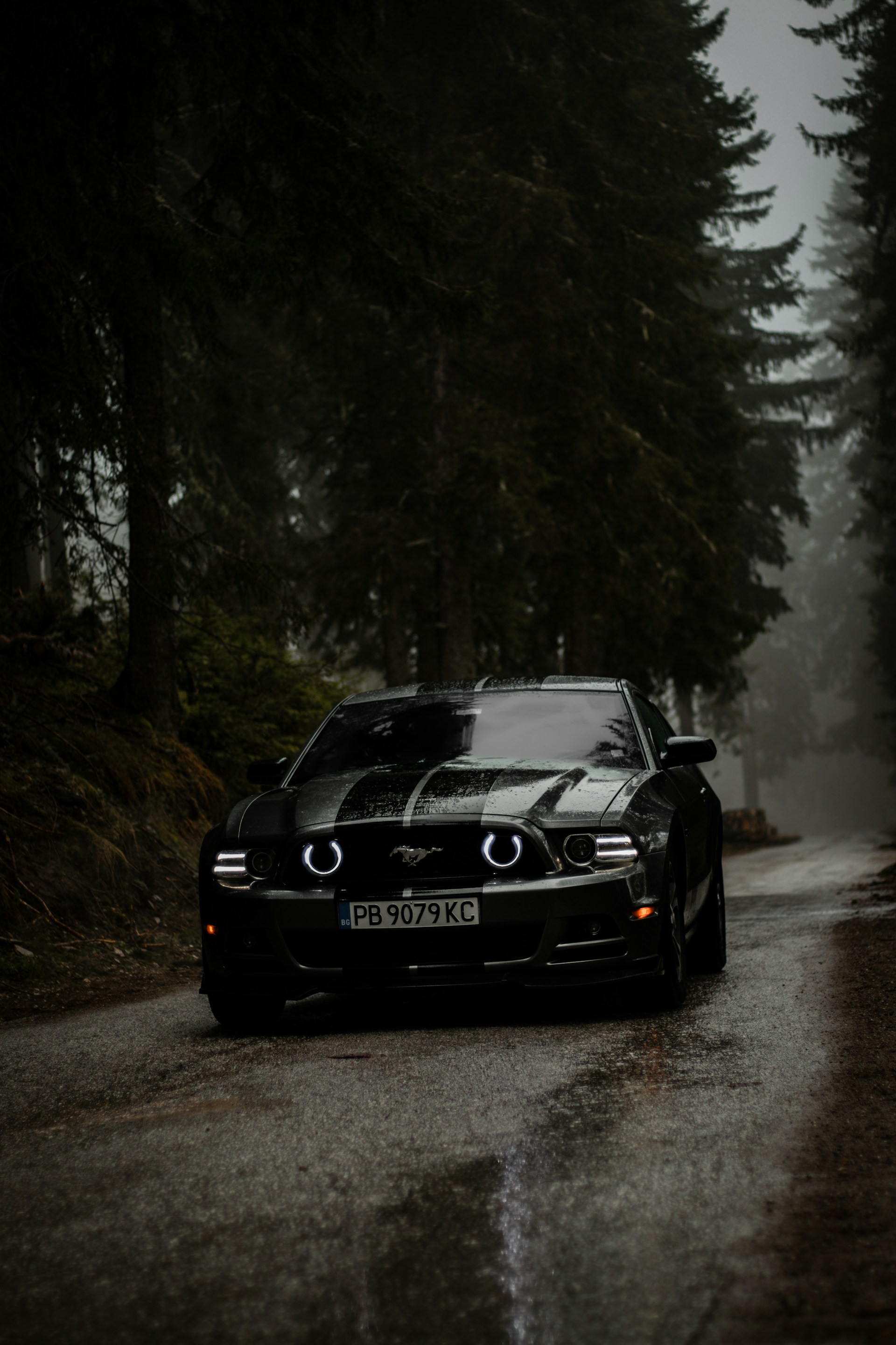 a car driving down a wet road in the rain