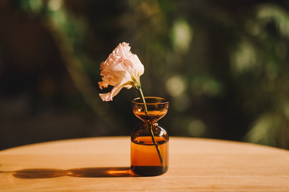 a small vase with a flower in it on a table
