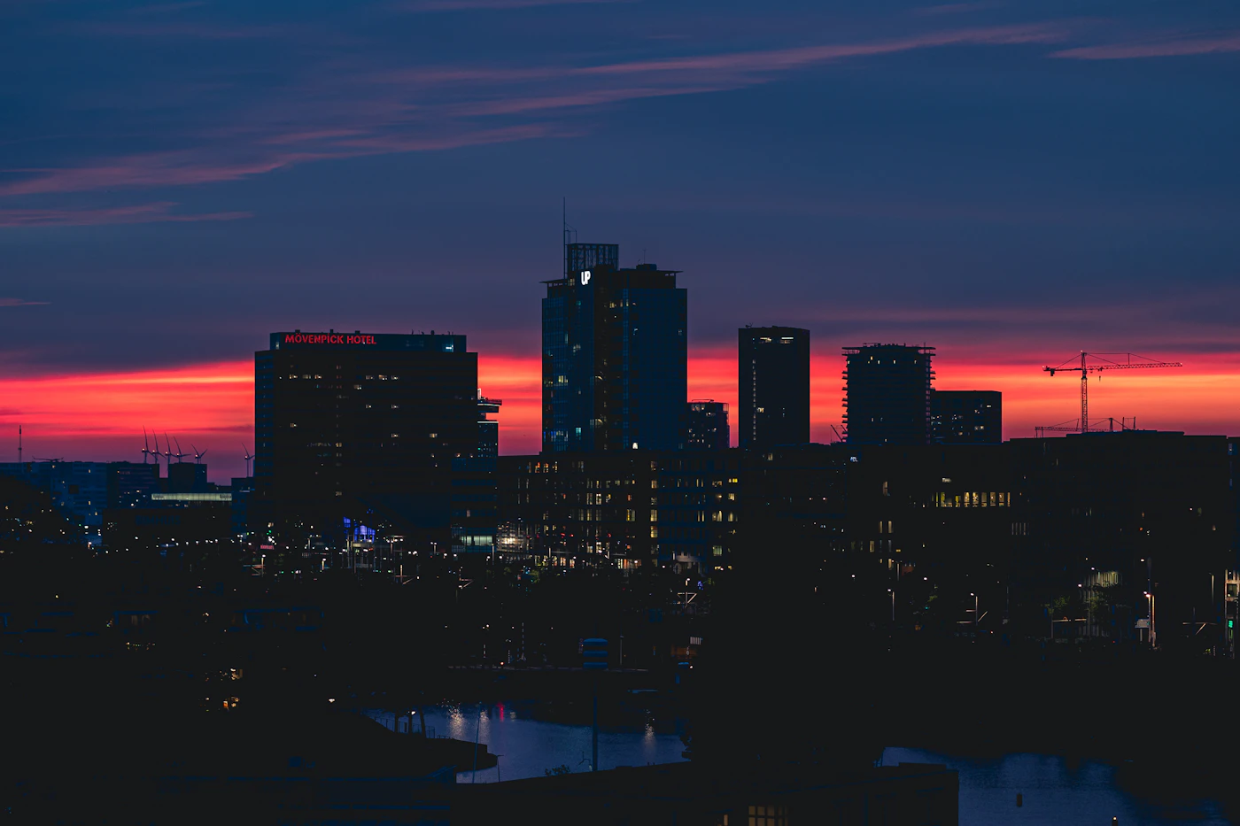 City skyline at dusk across the water
