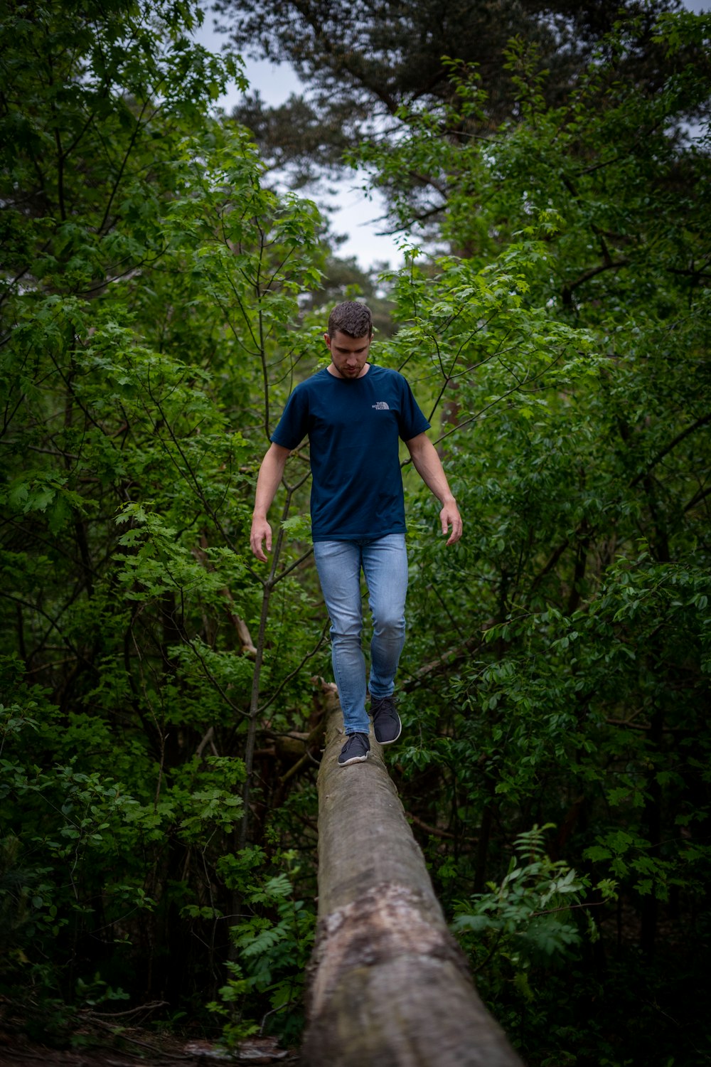 a man walking on a log in the woods