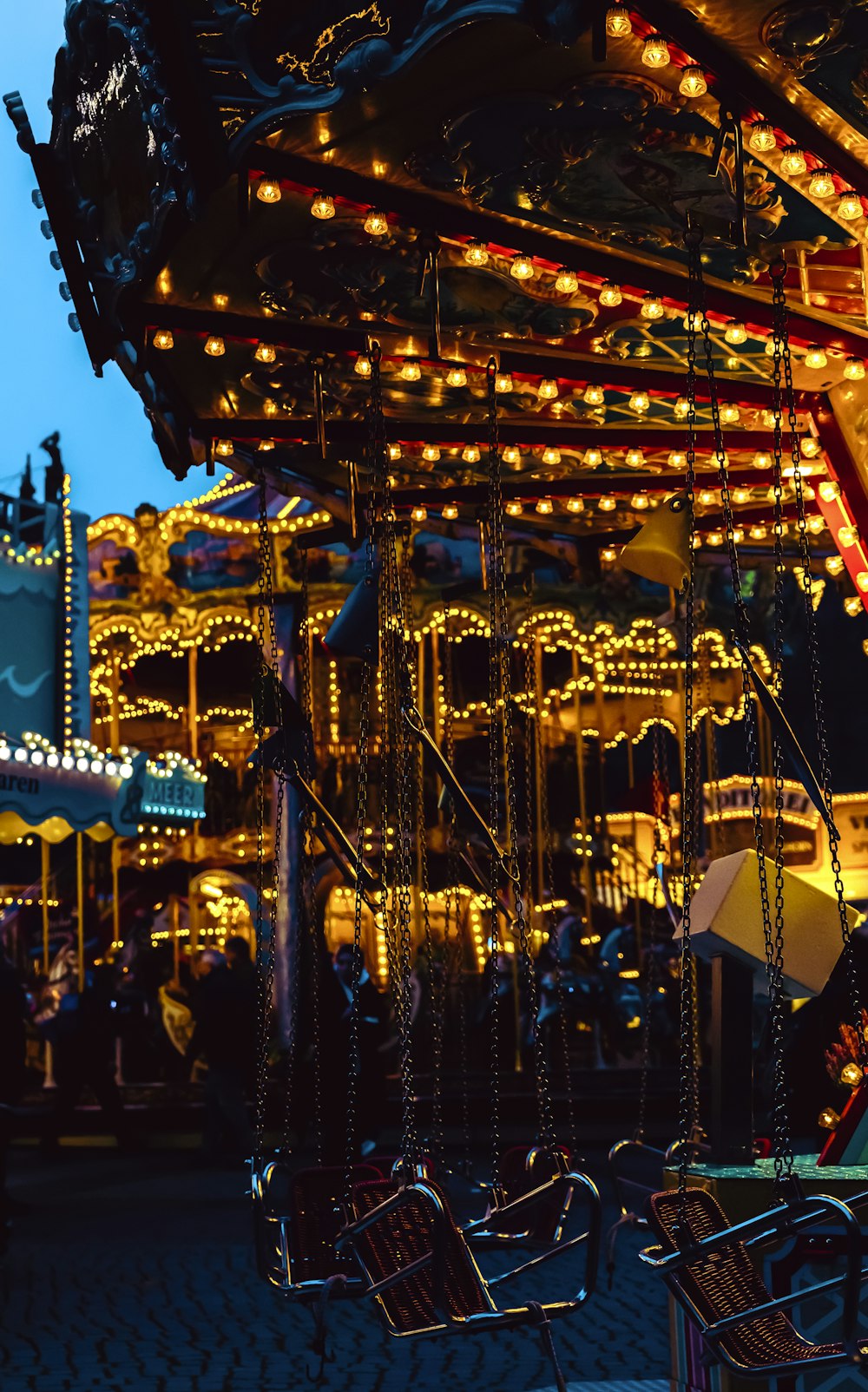 a merry go round at night with lights