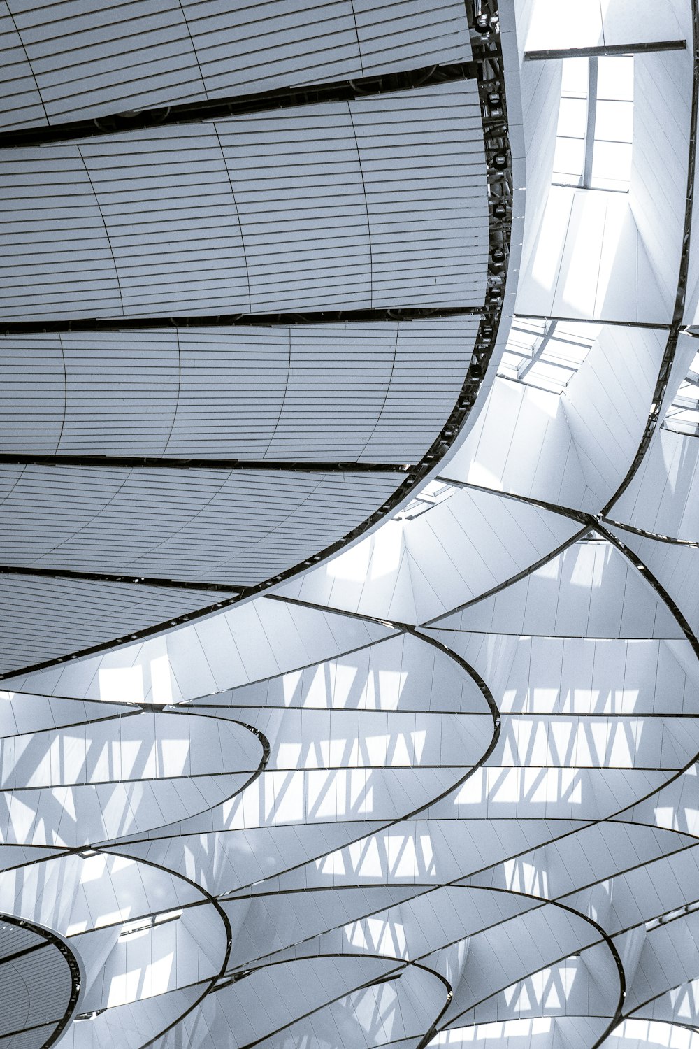 a black and white photo of a curved ceiling