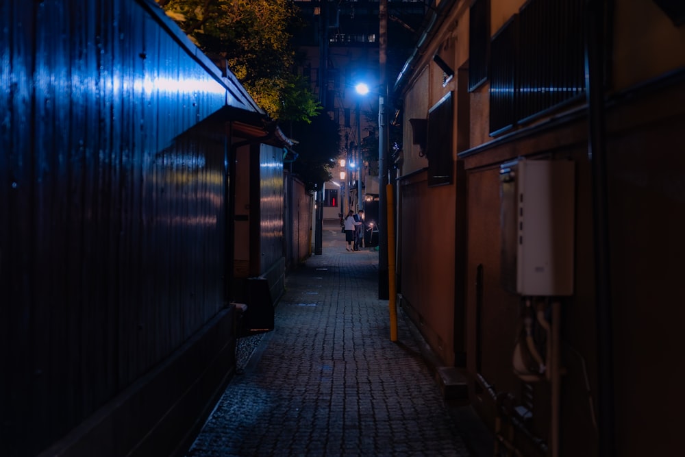 a dark alley with a few people walking down it