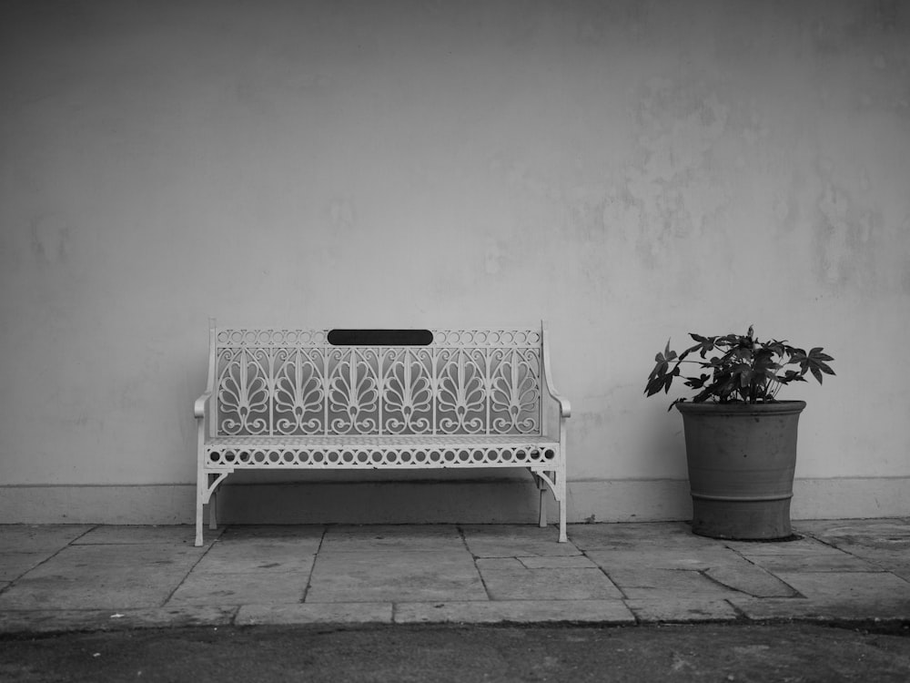 a white bench sitting next to a potted plant