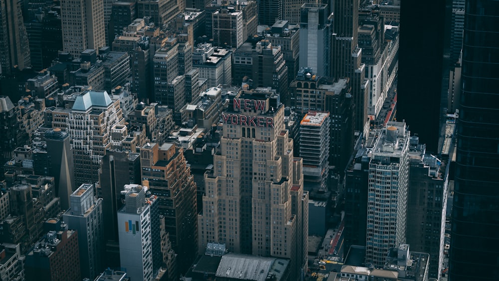 an aerial view of a city with tall buildings