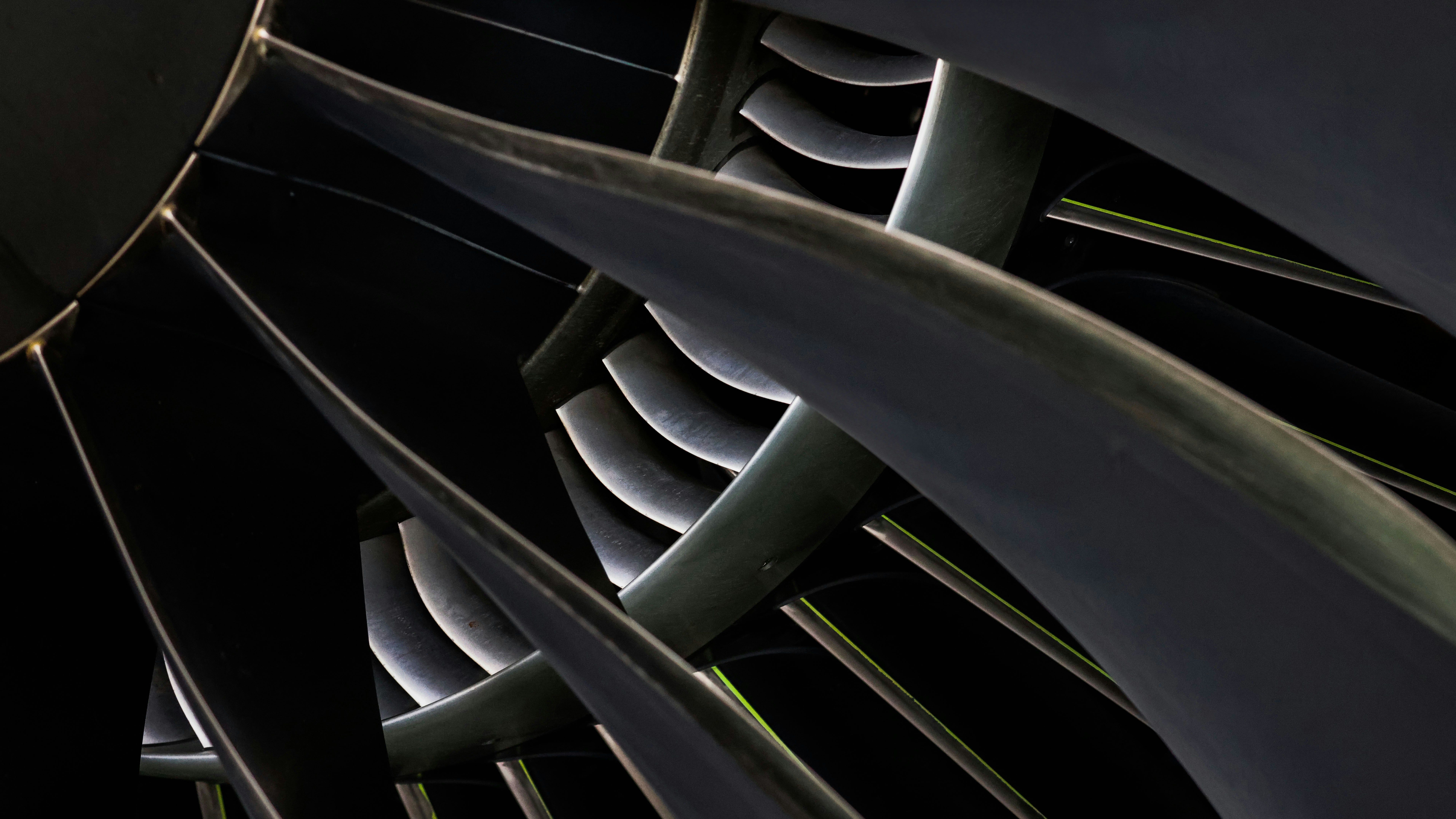 a close up view of a metal object, Close up of an aircraft engine blades