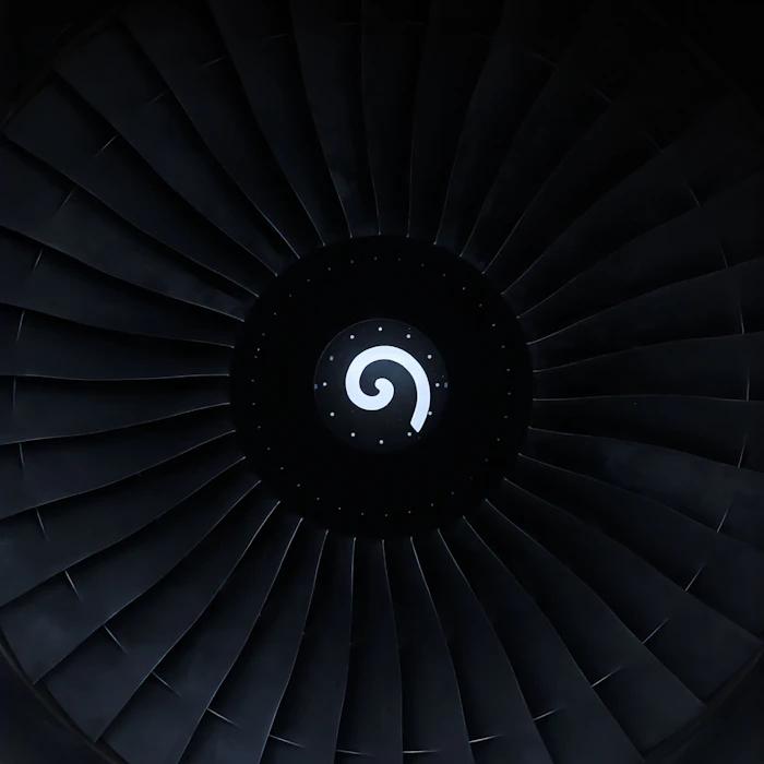 Close-up of an aircraft jet engine turbine component
