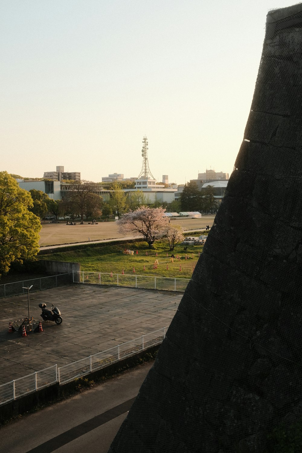 a view of a parking lot from a building