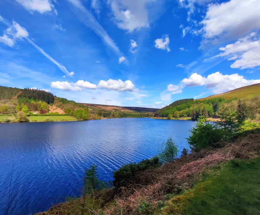 a large body of water surrounded by a lush green hillside