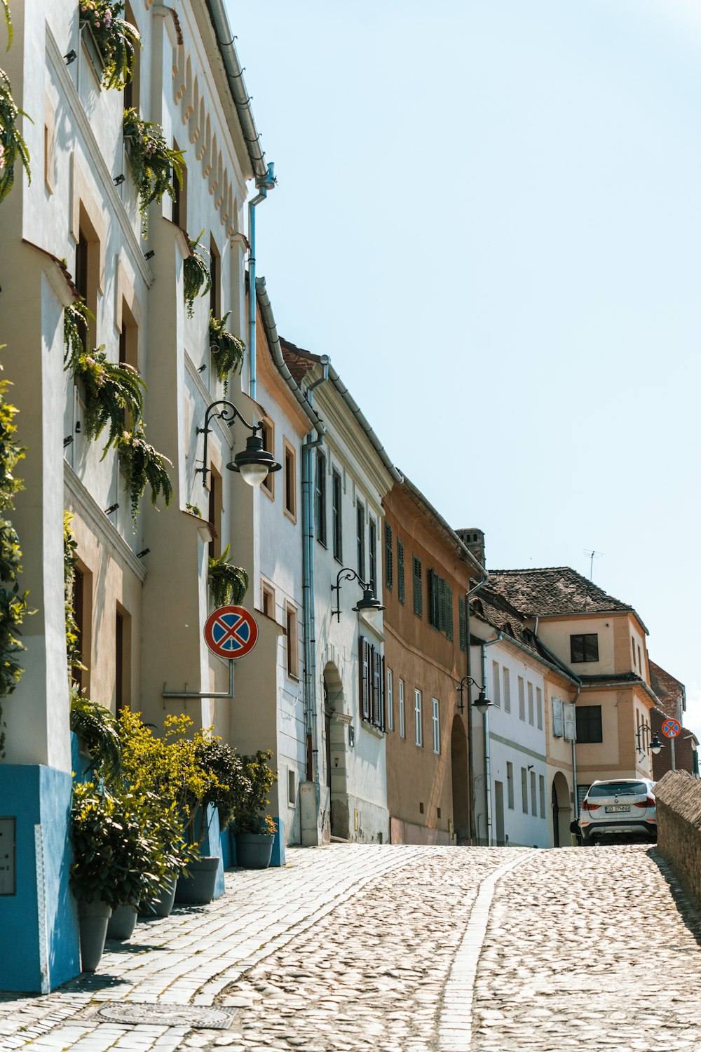 a cobblestone street in a european city