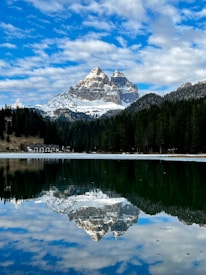 a mountain is reflected in the still water of a lake
