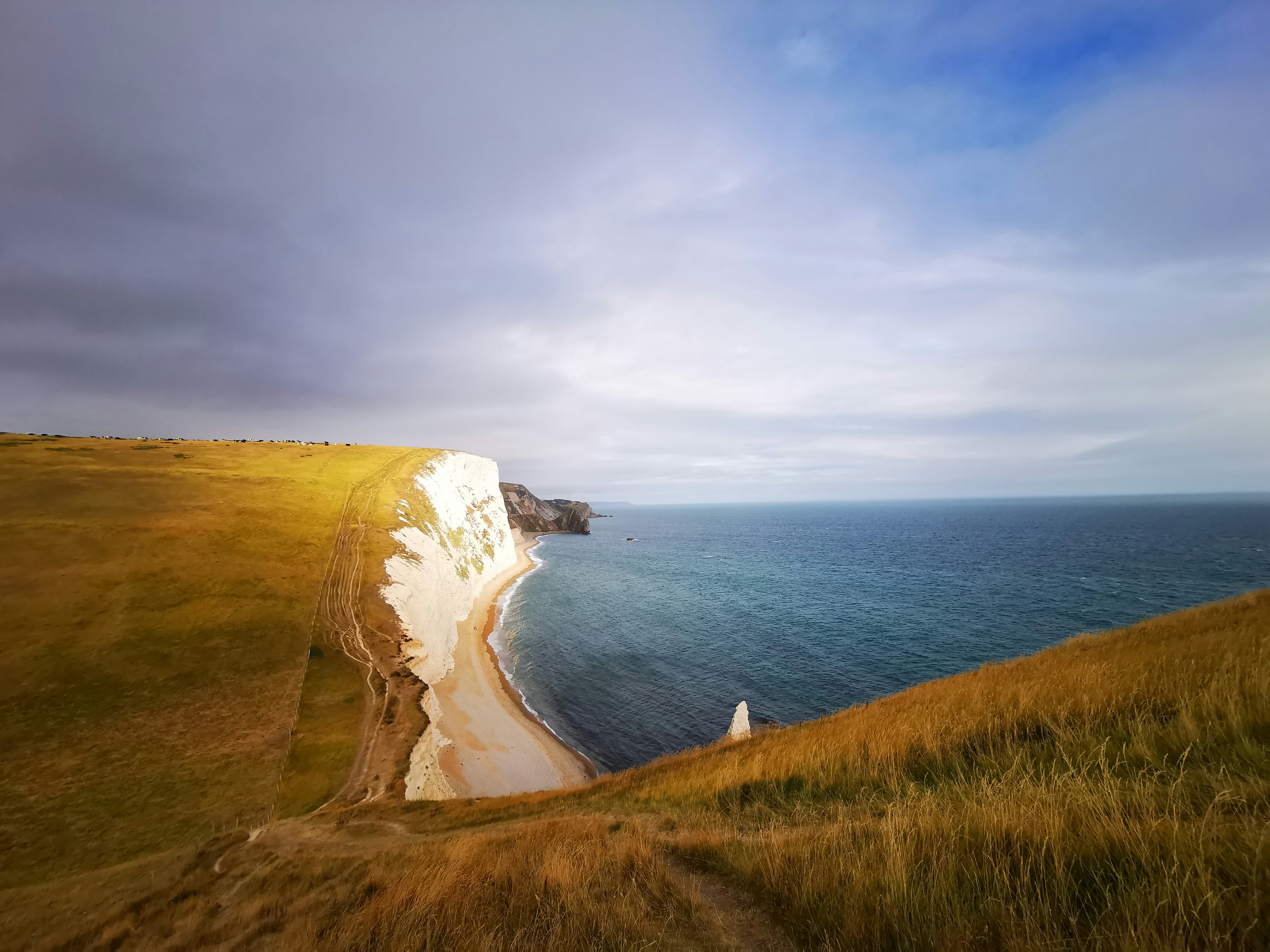 a cliff overlooking the ocean on a cloudy day