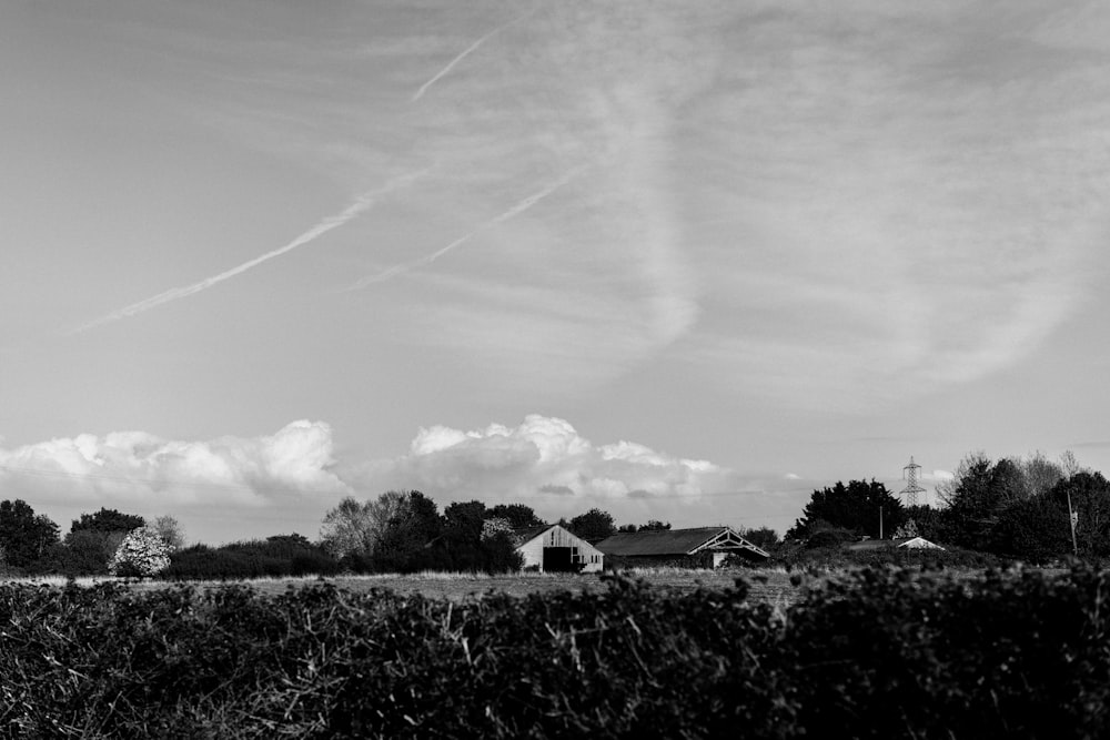 a black and white photo of a farm