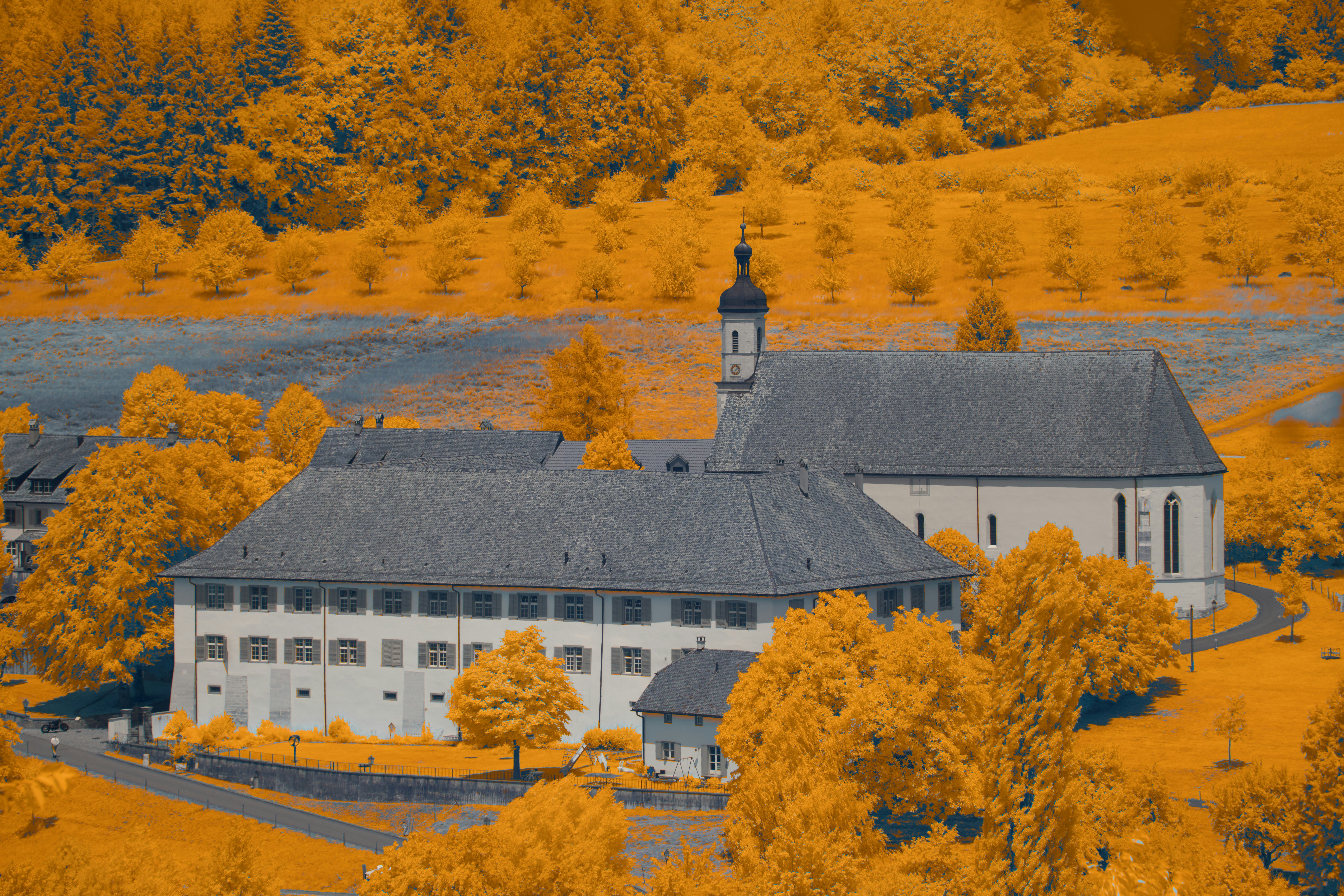 an aerial view of a church surrounded by trees