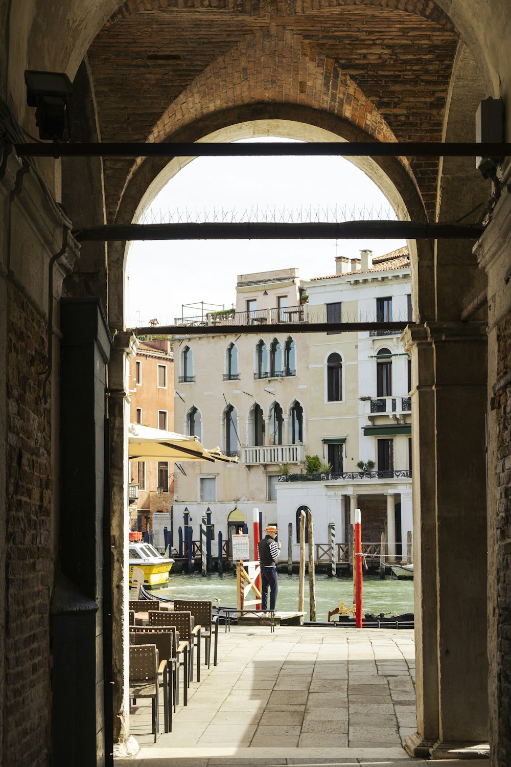 a view of a building through an archway