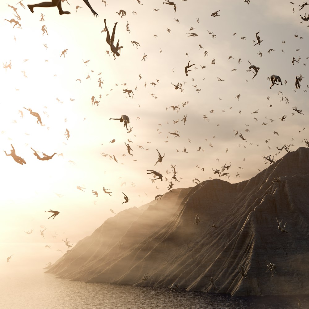 a flock of birds flying over a body of water