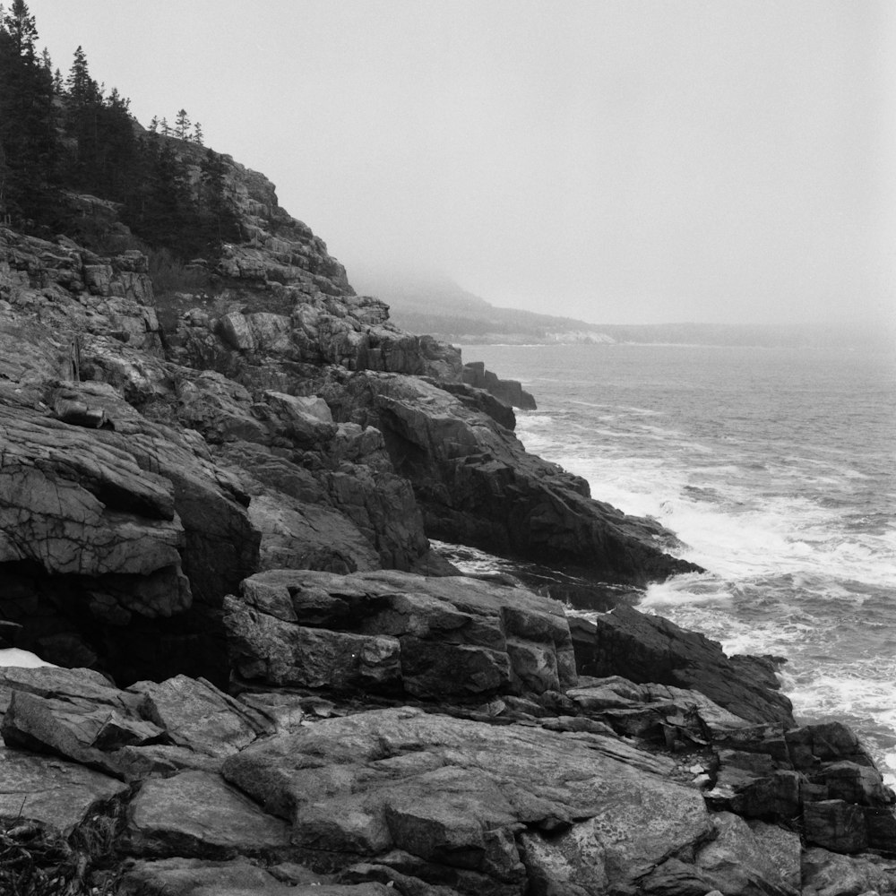 a black and white photo of a rocky shoreline