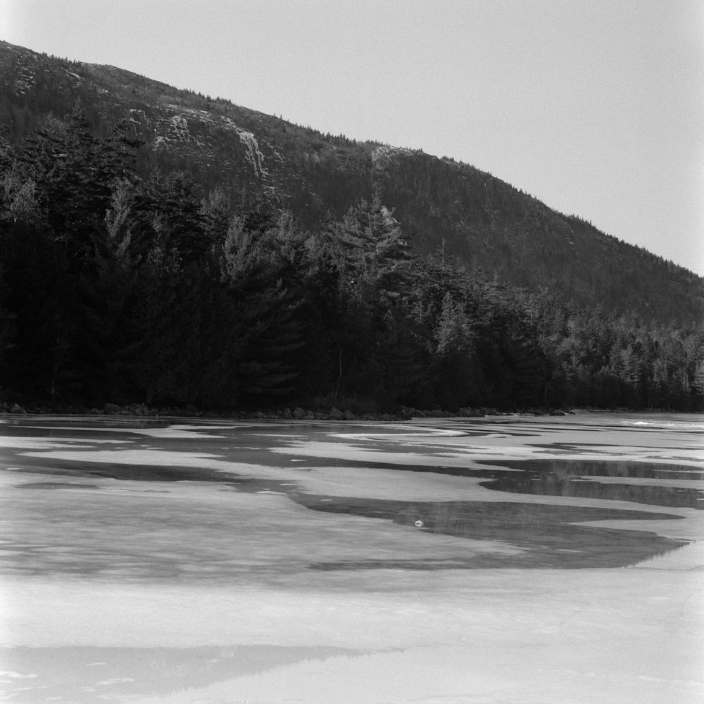 a black and white photo of a frozen lake