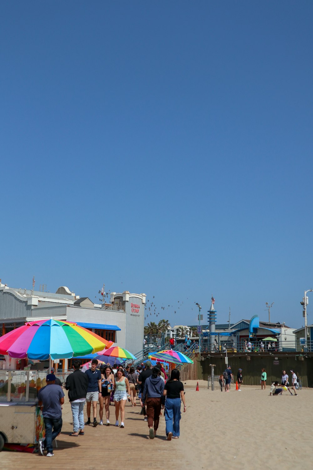 a group of people standing on top of a sandy beach