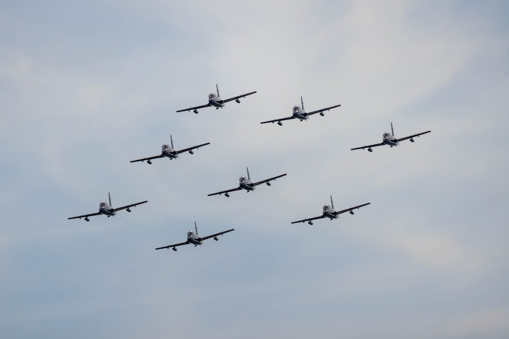 Eine Gruppe von Flugzeugen, die in Formation am Himmel fliegen