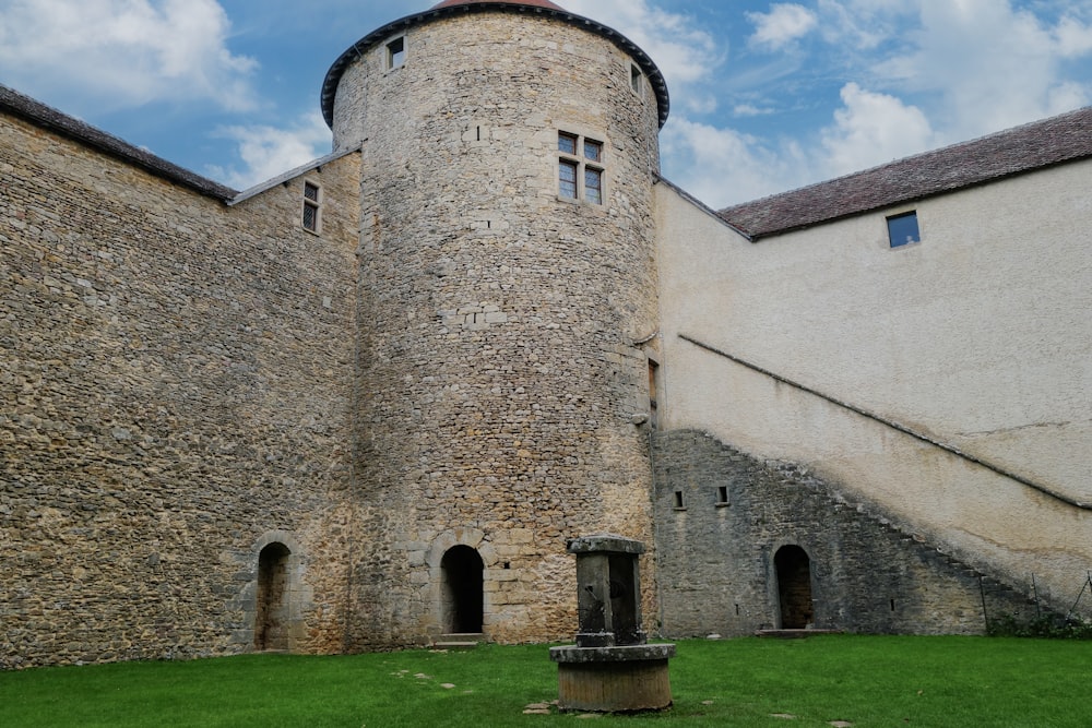 a stone building with a green lawn in front of it