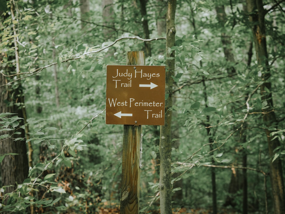 a sign pointing to the trail in the woods