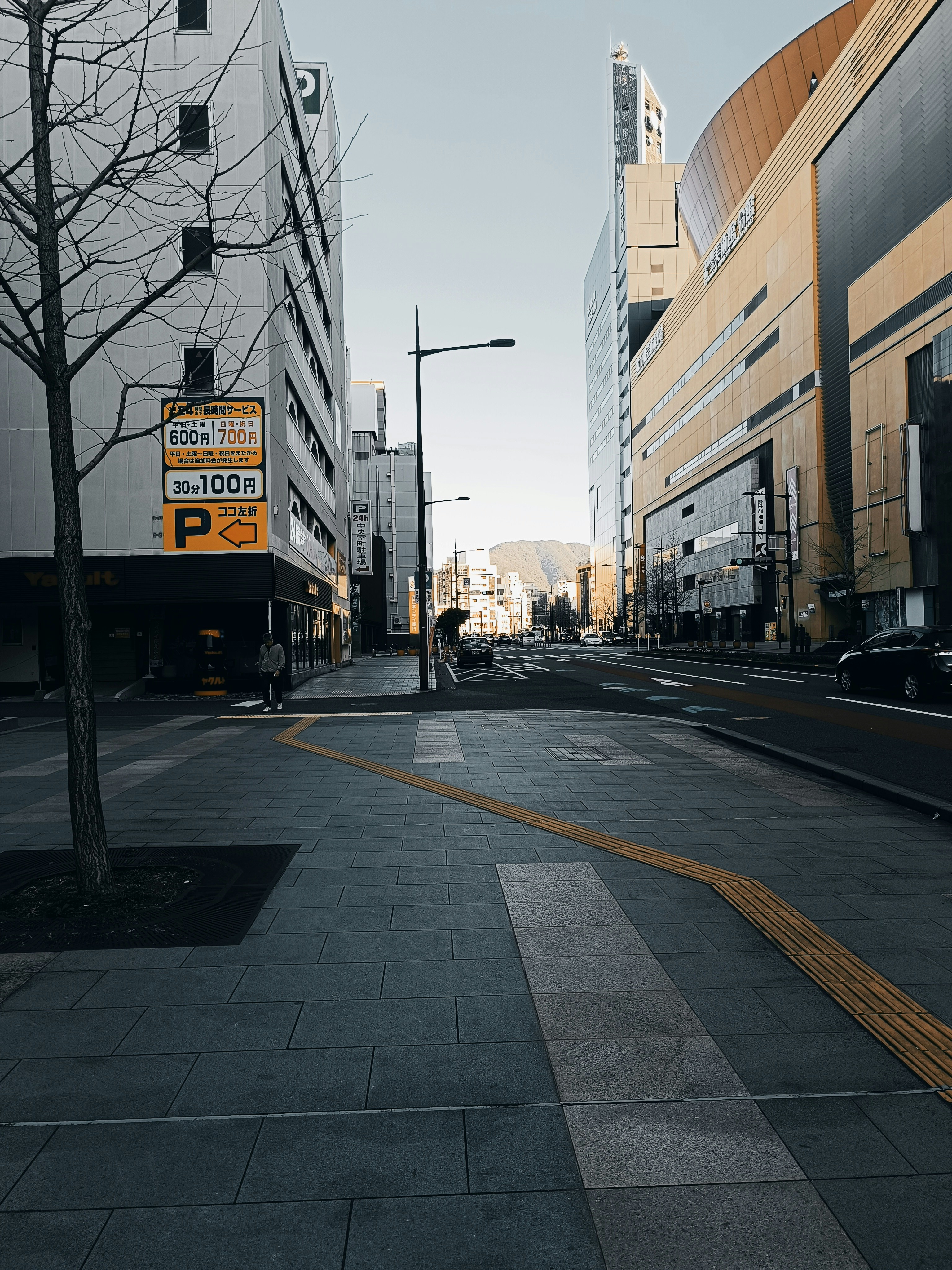 a city street with buildings and a street sign