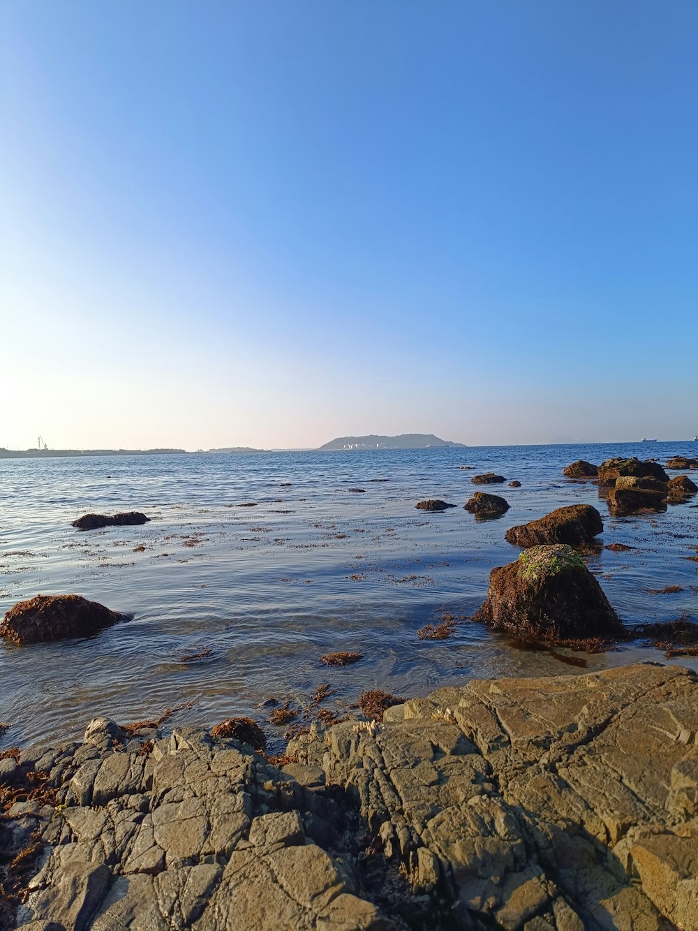 a view of a rocky beach with a boat in the distance