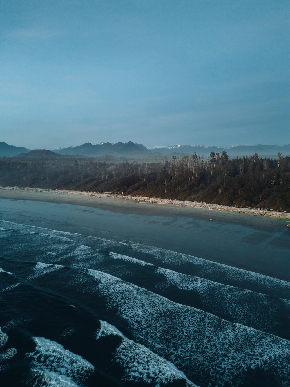 Surf rolling onto a long beach near Tofino